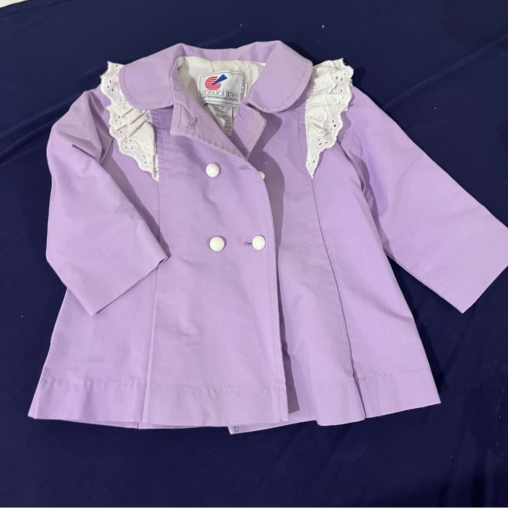 Vintage Casual Time Baby Girl Purple Button Coat With Eyelet Ruffle 18m